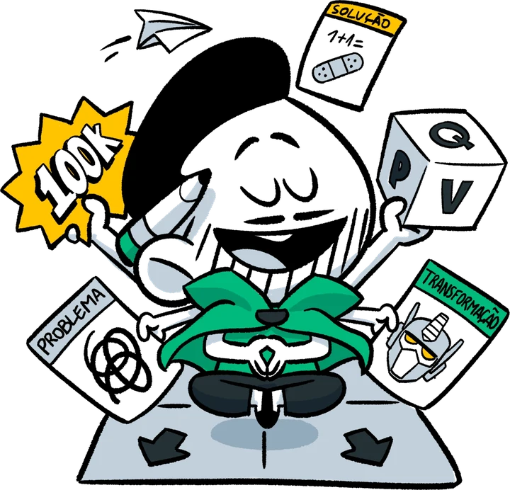 Mascote da PQV meditando entre problema, solução e transformação